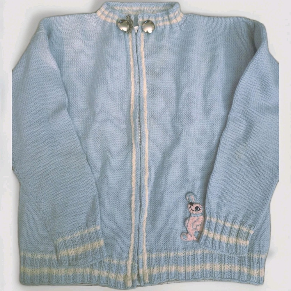 Vintage Toddler 1950s Cardigan Sweater  blue White trim Size 24 mo. Cotton MCM